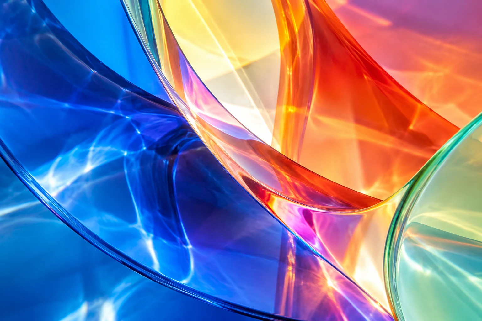 Blue, coral and amber light passing through translucent glass